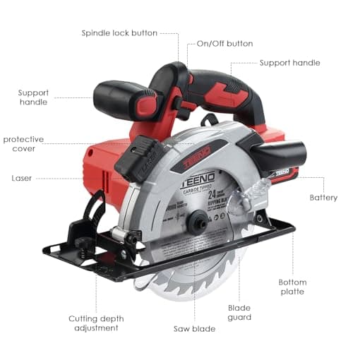 TEENO Scie circulaire laser sans fil 4000 RPM avec frein électrique, batteries 2X|0 AH, lames 2X165mm, réglage profondeu