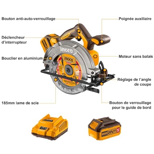 Scie circulaire sans fil INGCO 20V pour bois, plastique et métal mince - 165 mm de diamètre et 5200 tr/min CS LI16521