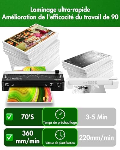 Plastifieuse thermique A4 réchauffement rapide, coupe-papier intégré, portable pour maison bureau ecole