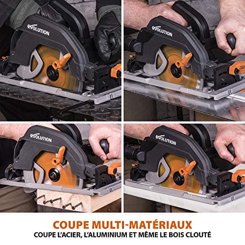 Evolution Power Tools R185CCSX Scie Circulaire 185mm 230V - Coupe Bois Métal Plastique - Avec Rail 1020mm - Adaptateur d