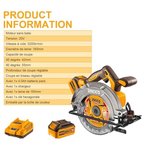 Scie circulaire sans fil INGCO 20V pour bois, plastique et métal mince - 165 mm de diamètre et 5200 tr/min CS LI16521