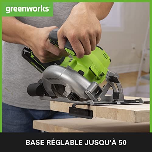 Greenworks Scie circulaire sans fil 24V GD24KSK2, lame Ø165 x Ø20 mm, profondeur de coupe : 67 mm, batterie 2Ah, chargeu