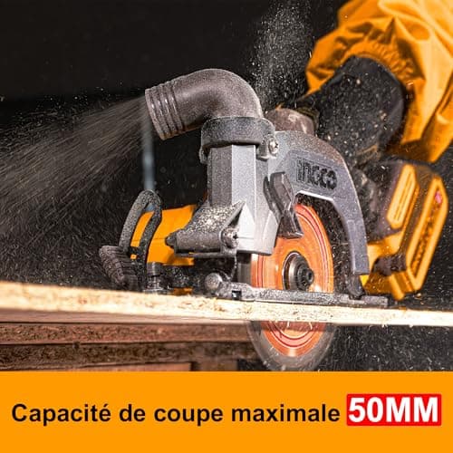 Scie circulaire sans fil INGCO 20V, moteur sans balais, diamètre 140mm, coupe jusqu'à 50 mm et 33 mm 90° et 45°, batteri