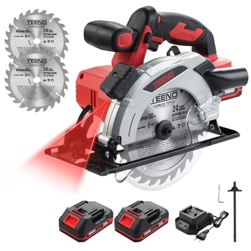 TEENO Scie circulaire laser sans fil 4000 RPM avec frein électrique, batteries 2X|0 AH, lames 2X165mm, réglage profondeu