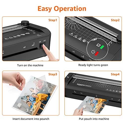 Amazon Basics – Plastifieuse thermique 3 en 1 A4, fonctions de découpage, perforage et arrondi de coins, 10 pochettes in