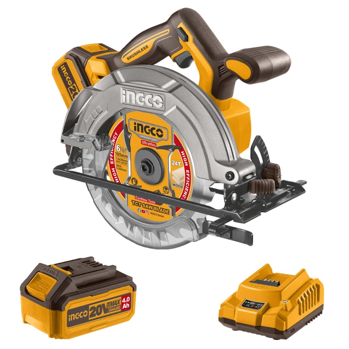 Scie circulaire sans fil INGCO 20V pour bois, plastique et métal mince - 165 mm de diamètre et 5200 tr/min CS LI16521