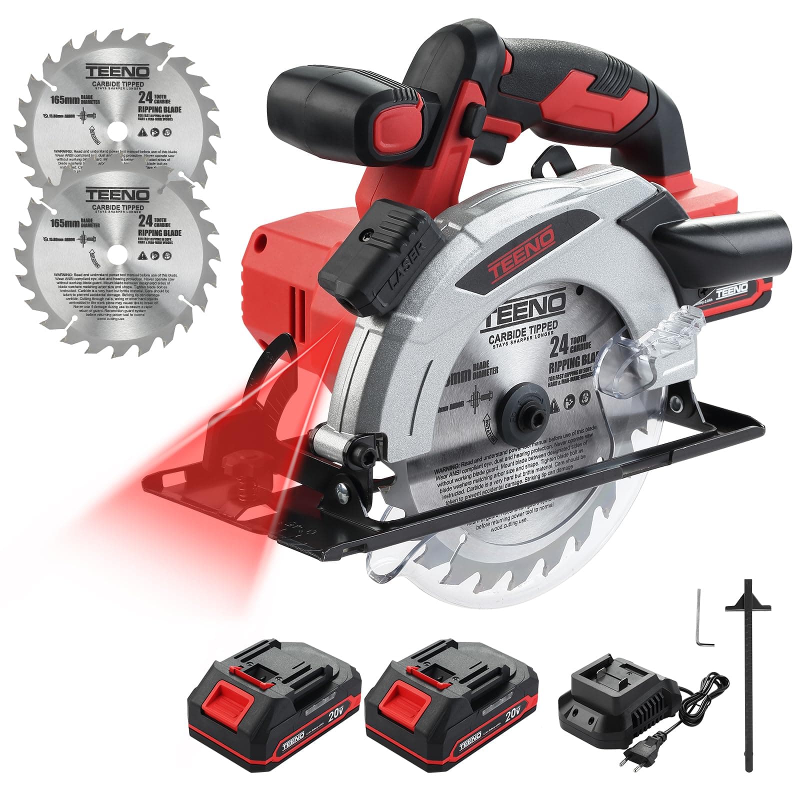 TEENO Scie circulaire laser sans fil 4000 RPM avec frein électrique, batteries 2X|0 AH, lames 2X165mm, réglage profondeu