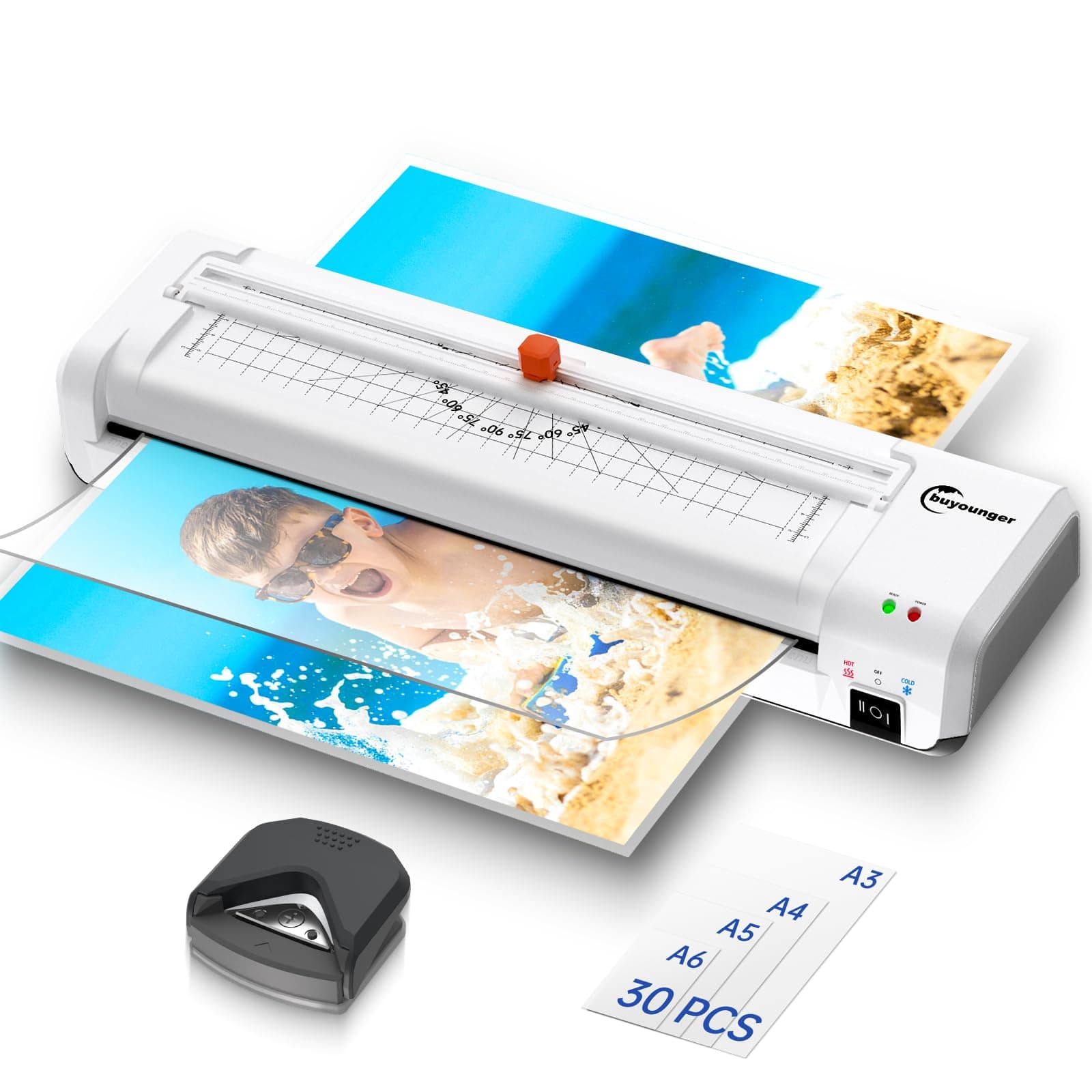 Plastifieuse A3 avec massicot intégré et 30 pochettes, machine à plastifier thermique et froid avec arrondisseur d'angle