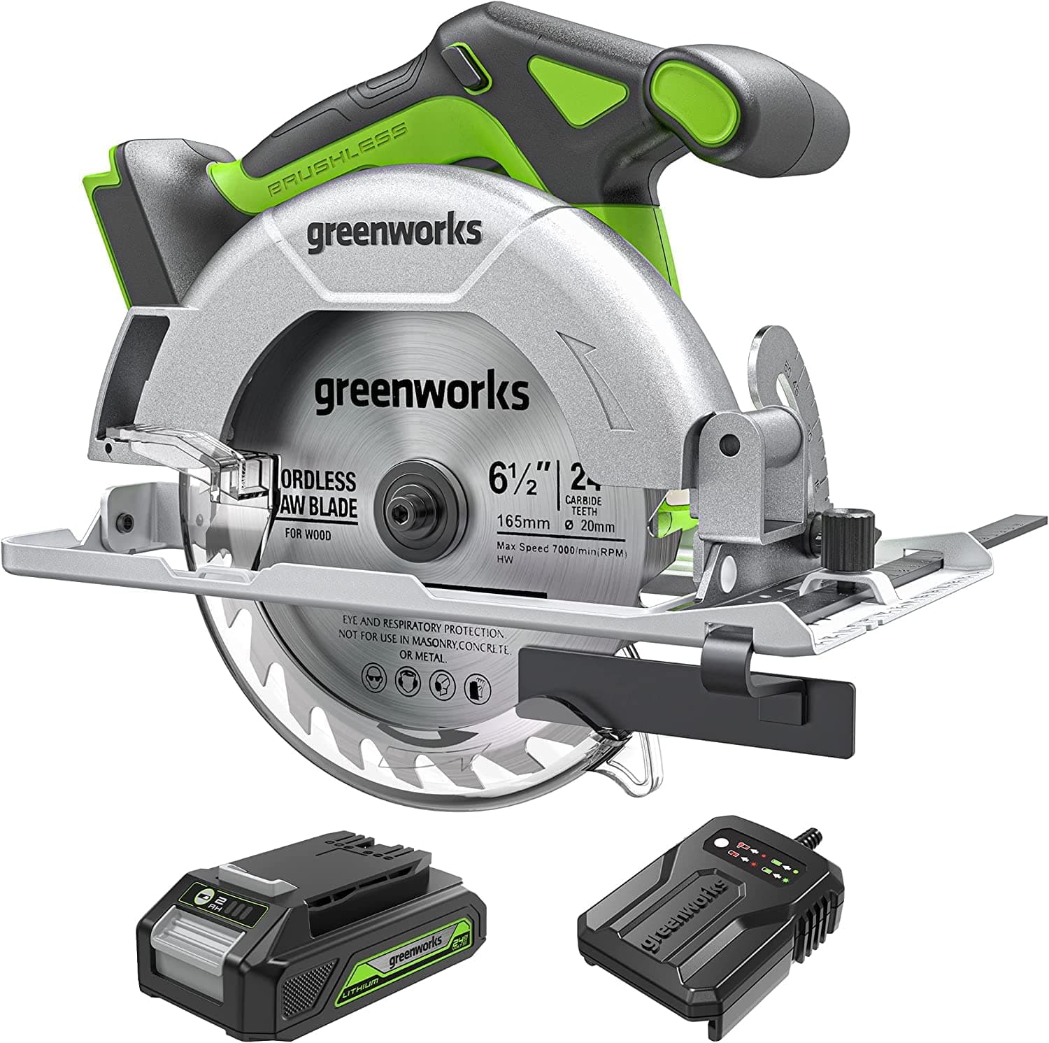 Greenworks Scie circulaire sans fil 24V GD24KSK2, lame Ø165 x Ø20 mm, profondeur de coupe : 67 mm, batterie 2Ah, chargeu